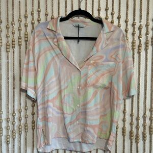 Stradivarius ASOS NEW Marble Pastel Hippie Retro Short Sleeve Button Down Top S